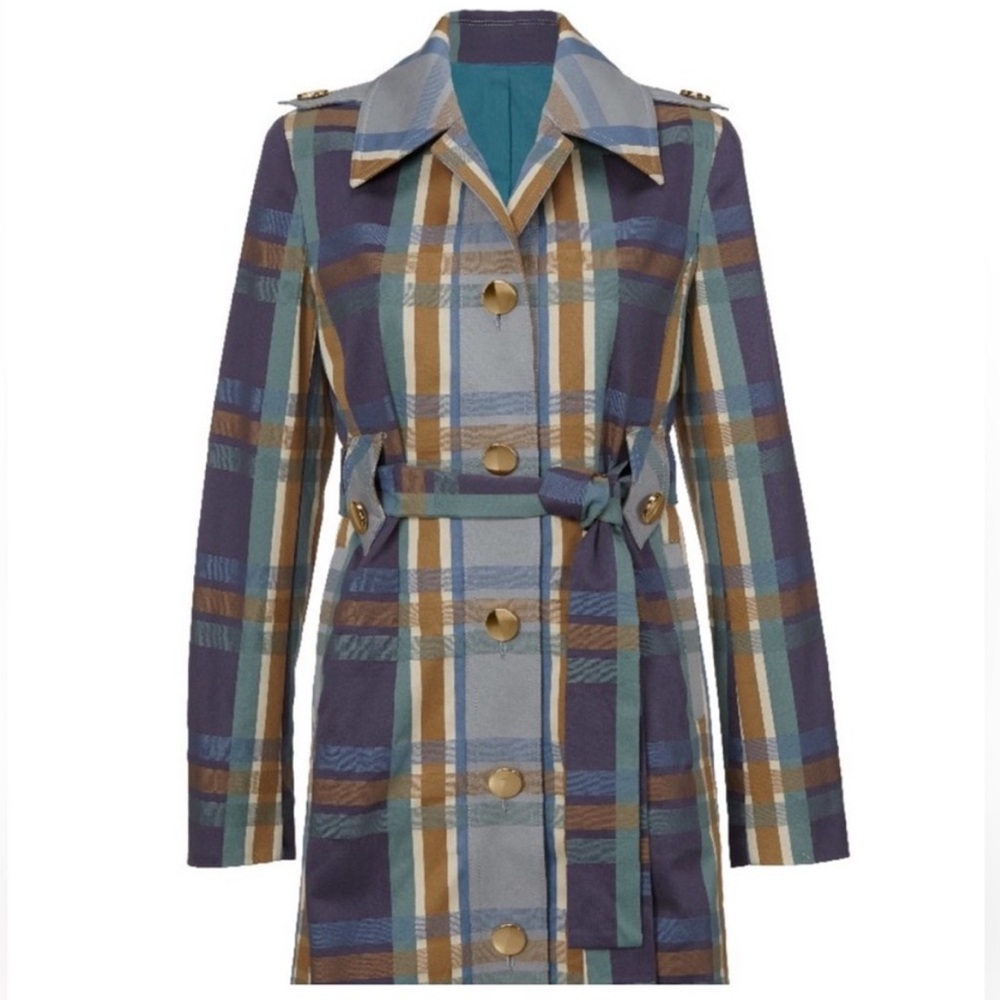 NWOT CABI #6248 blue plaid trench coat size medium new - Picture 2 of 9
